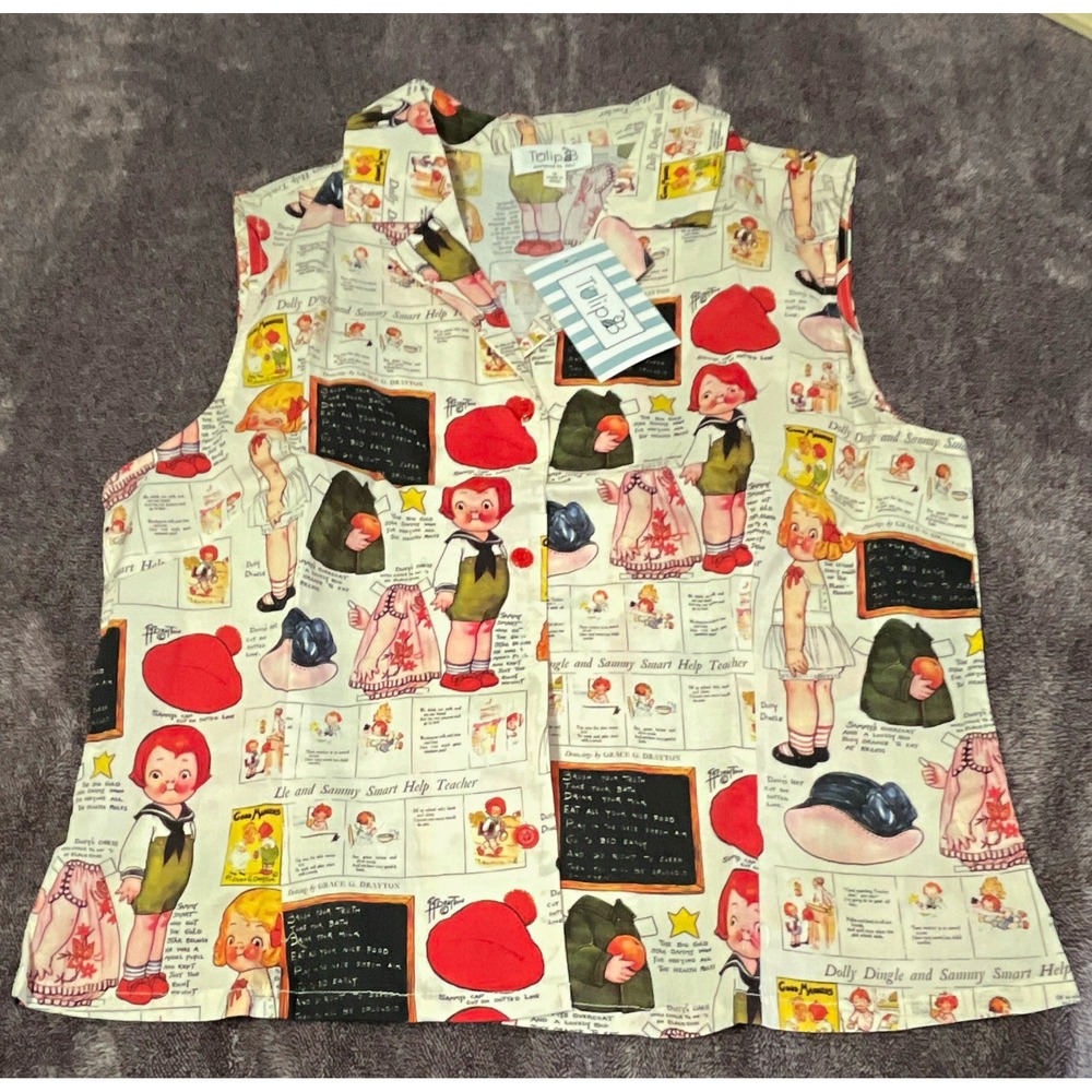 Tulip b Womens M paper doll Graphic Print Collared Sleeveless Button-Up Top